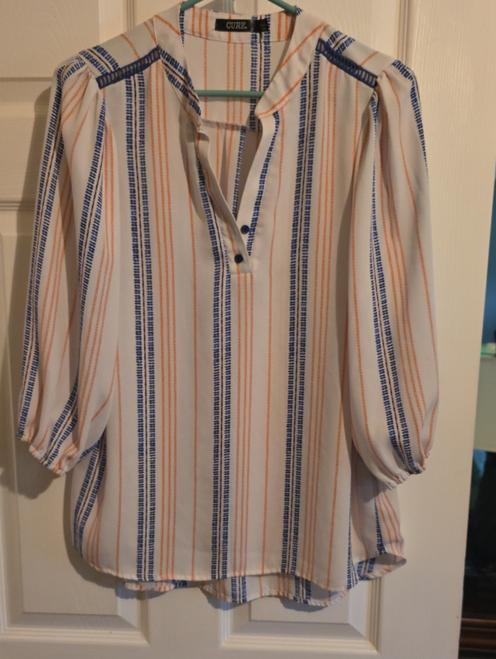 Cure Striped V-Neck Tunic in White with Blue & Orange Stripes